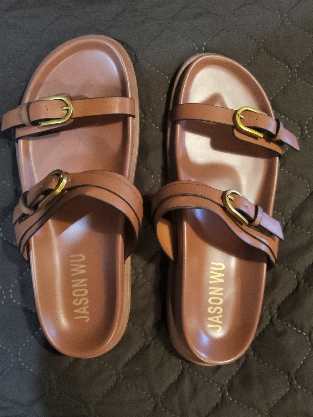Size 7.5 Mens Jason Wu Tan Leather Double Buckle Slide Sandals